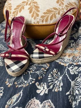 Burberry Fuchsia Leather Plaid Espadrille Wedges